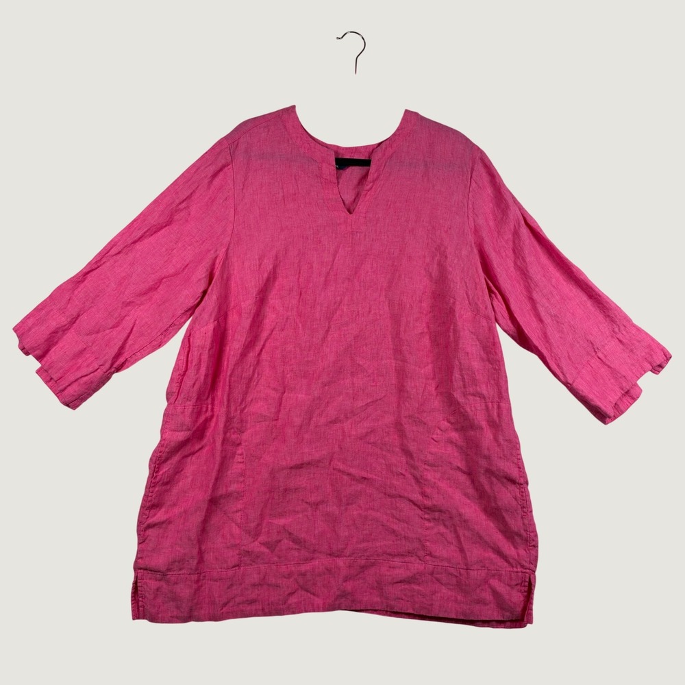 Lands End Linen Tunic Womens V-Neck 3/4 Sleeve Pocket Top XL Pink Beachy Coastal